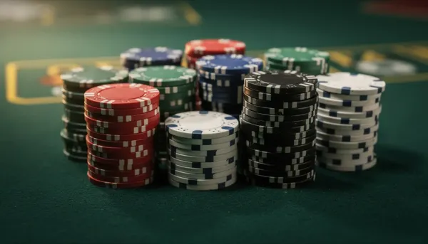 L'immagine mostra un tavolo verde da gioco ricoperto di fiches da casinò colorate, pronte per le scommesse. Queste fiches rappresentano il divertimento e l'emozione del gioco nei casinò online e live.