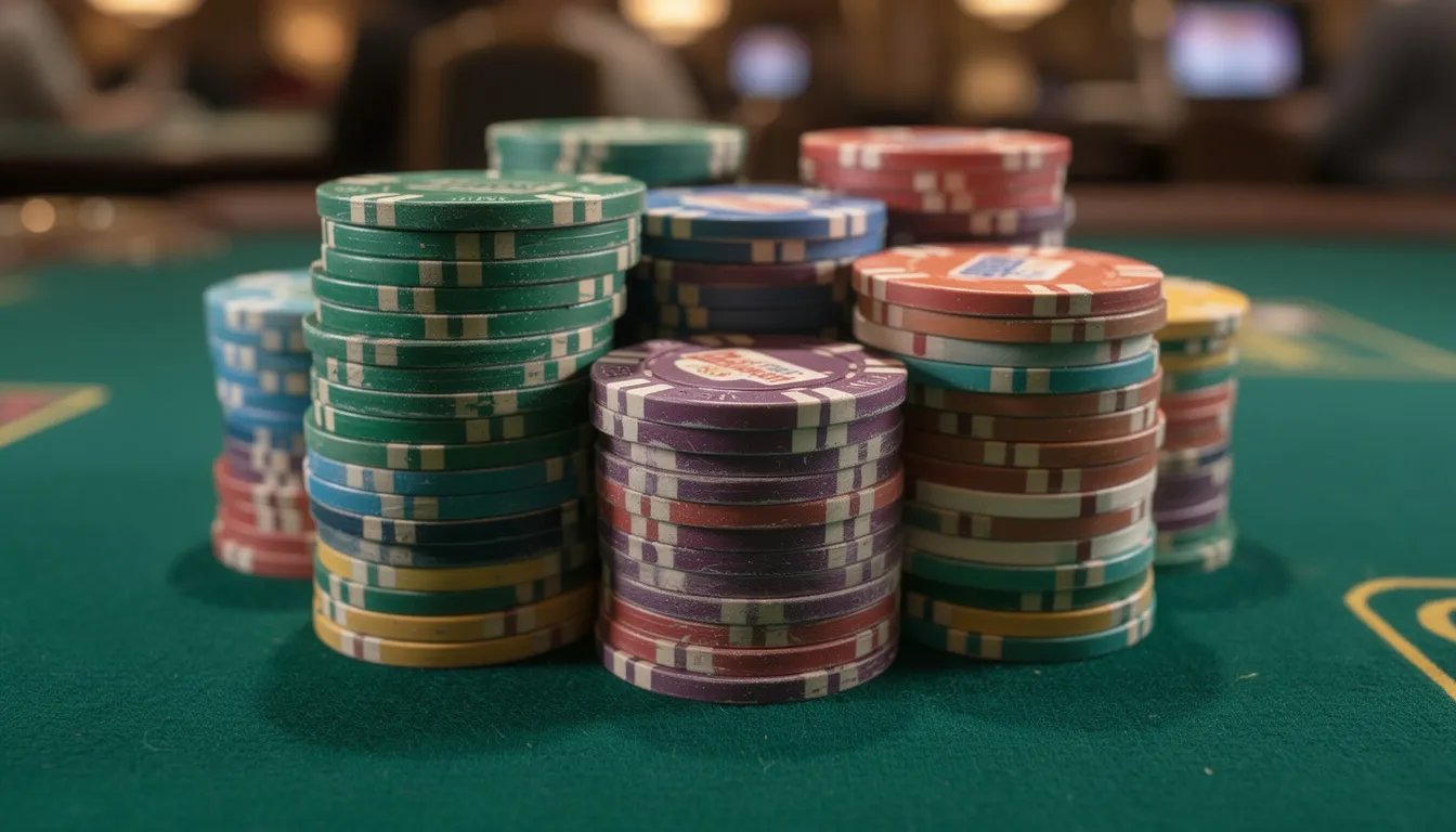 L'immagine mostra un tavolo verde di casinò con pile di fiches colorate, pronte per essere utilizzate nei giochi. Queste fiches rappresentano il denaro dei giocatori e sono un elemento essenziale per le scommesse nei casinò, sia fisici che online.