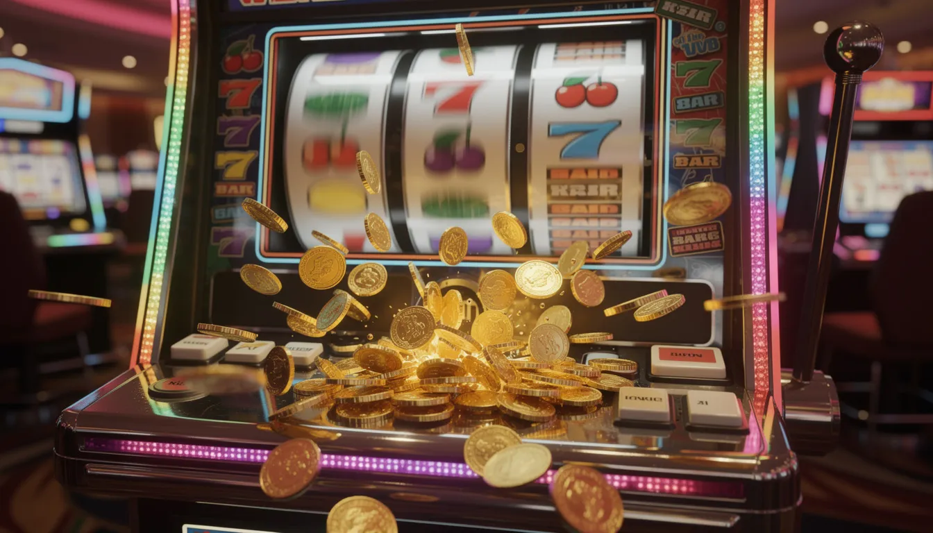 Immagine di una slot machine colorata con rulli che girano e monete d'oro che cadono. Questa macchina offre la possibilità di vincere giri gratis e bonus, tipici dei casinò online.