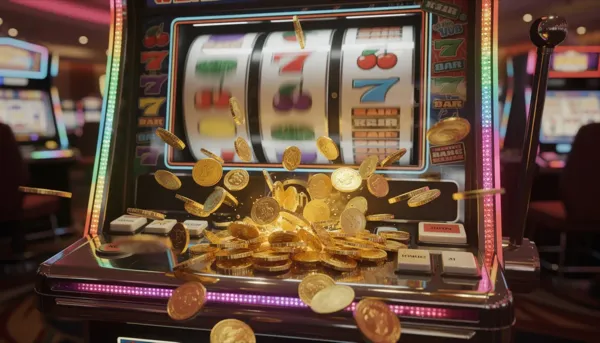 Immagine di una slot machine colorata con rulli che girano e monete d'oro che cadono. Questa macchina offre la possibilità di vincere giri gratis e bonus, tipici dei casinò online.