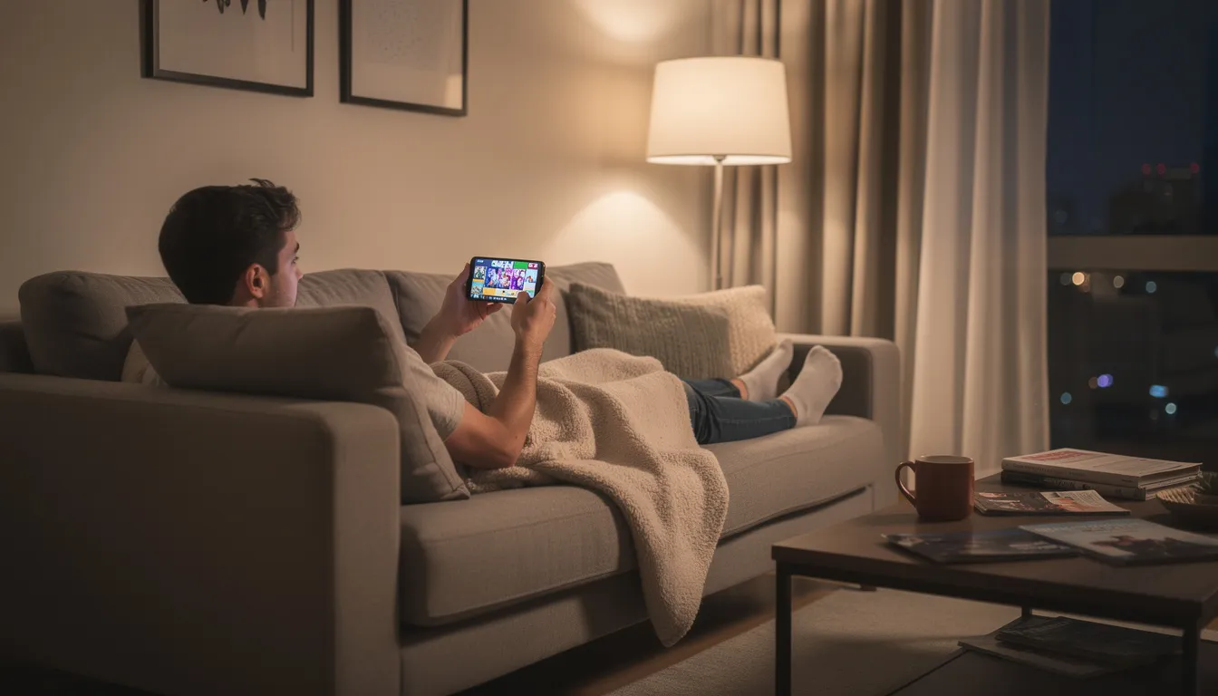 Una persona è sdraiata su un divano, rilassandosi mentre utilizza uno smartphone per divertirsi con giochi e intrattenimento. Potrebbe essere alla ricerca di offerte di casinò online o bonus giri gratis per migliorare la sua esperienza di gioco.