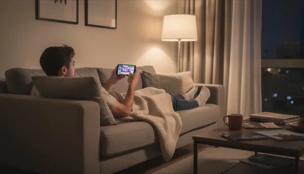 Una persona è sdraiata su un divano, rilassandosi mentre utilizza uno smartphone per divertirsi con giochi e intrattenimento. Potrebbe essere alla ricerca di offerte di casinò online o bonus giri gratis per migliorare la sua esperienza di gioco.