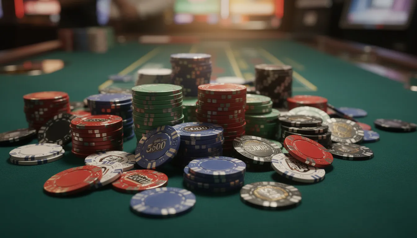 L'immagine mostra un tavolo verde da gioco ricoperto di fiches da casinò colorate, pronte per essere utilizzate in una partita. Le fiches, di diverse forme e colori, rappresentano l'atmosfera vivace e dinamica tipica dei casinò online, dove i giocatori possono approfittare di bonus benvenuto e promozioni.