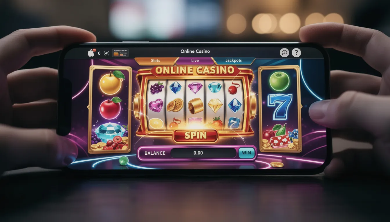 Un smartphone mostra un'interfaccia colorata di un casinò online, con vari giochi di slot come "Book of Ra Deluxe" e "Lucky Lady's Charm". L'immagine evidenzia le promozioni e i bonus senza deposito disponibili per i giocatori, offrendo un'esperienza di gioco coinvolgente.