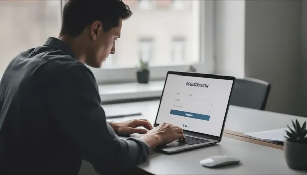 Un utente sta utilizzando un laptop per completare un processo di registrazione online su un sito di casinò, dove può ottenere un bonus di benvenuto senza deposito. La pagina mostra informazioni su promozioni e giochi disponibili, come slot machine e giri gratis.