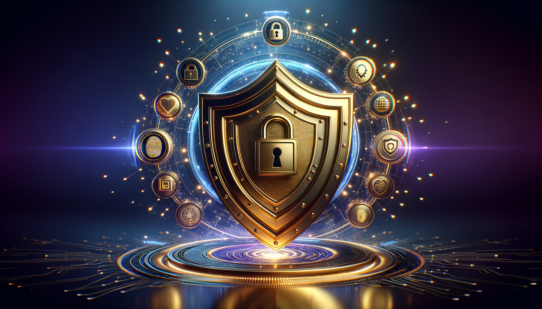 Scudo di sicurezza digitale con logo SPID, lucchetto crittografato e simboli di verifica identità, su sfondo viola e oro, rappresentando la massima protezione dati