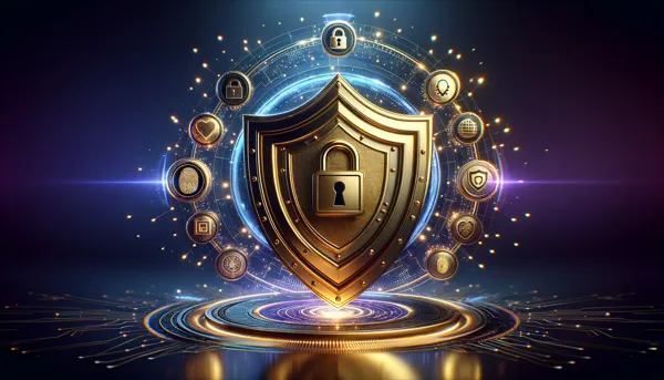 Scudo di sicurezza digitale con logo SPID, lucchetto crittografato e simboli di verifica identità, su sfondo viola e oro, rappresentando la massima protezione dati