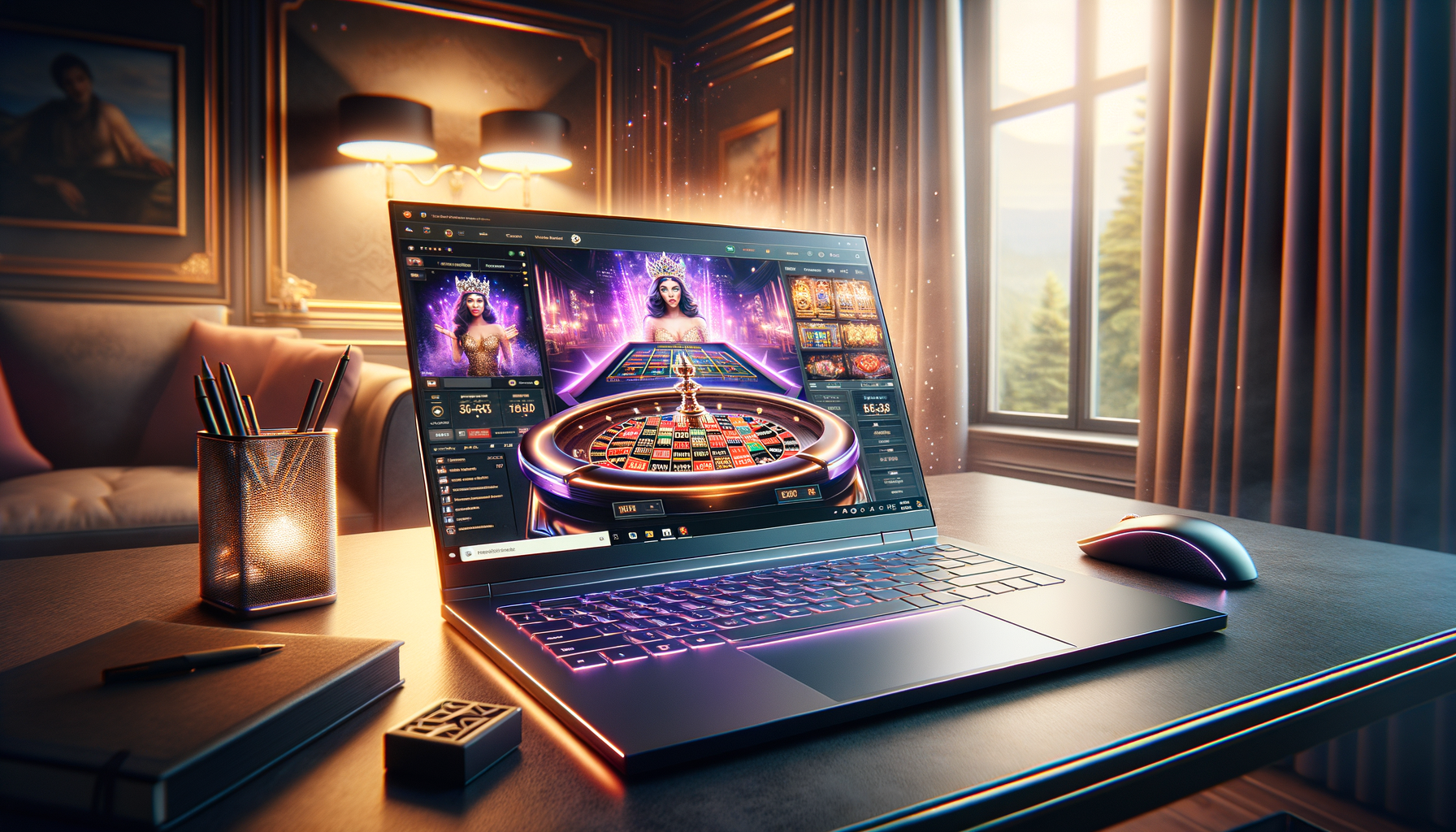 Interfaccia moderna di un casino online su laptop, mostrando slot machine colorate, roulette dal vivo e opzioni di gioco su uno schermo nitido