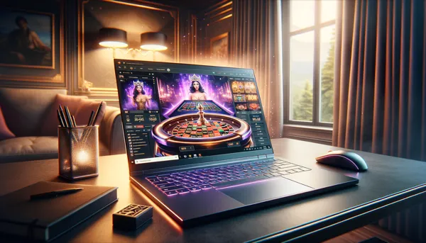 Interfaccia moderna di un casino online su laptop, mostrando slot machine colorate, roulette dal vivo e opzioni di gioco su uno schermo nitido