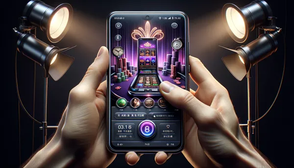 Mani che tengono uno smartphone mostrando un'app di casino online con slot machine e giochi da tavolo, evidenziando la comodità del gioco mobile