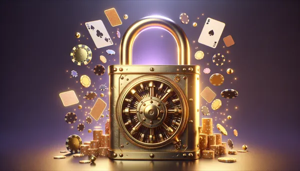Lucchetto digitale con scudo di sicurezza sovrapposto a simboli di casino online, rappresentando protezione e sicurezza nel gioco regolamentato