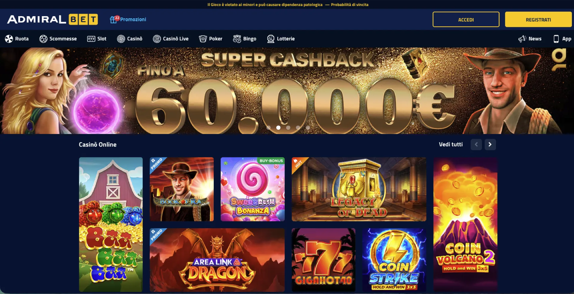 Screenshot homepage AdmiralBet Casino