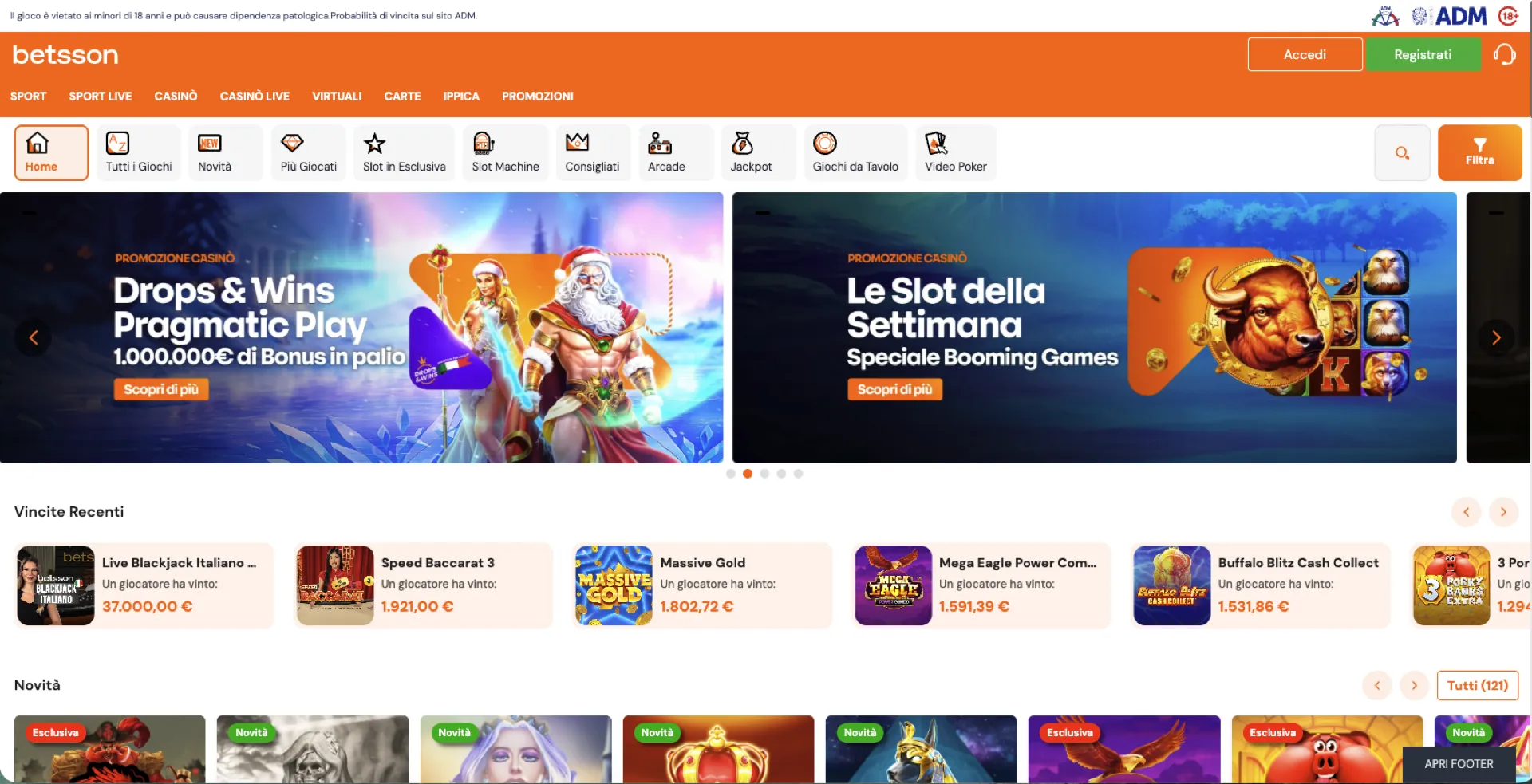 Screenshot homepage Betsson Casino