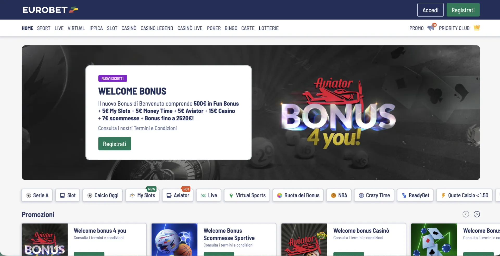 Screenshot homepage Eurobet Casino