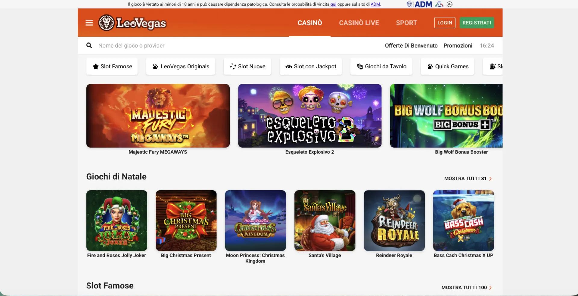 Screenshot homepage LeoVegas Casino