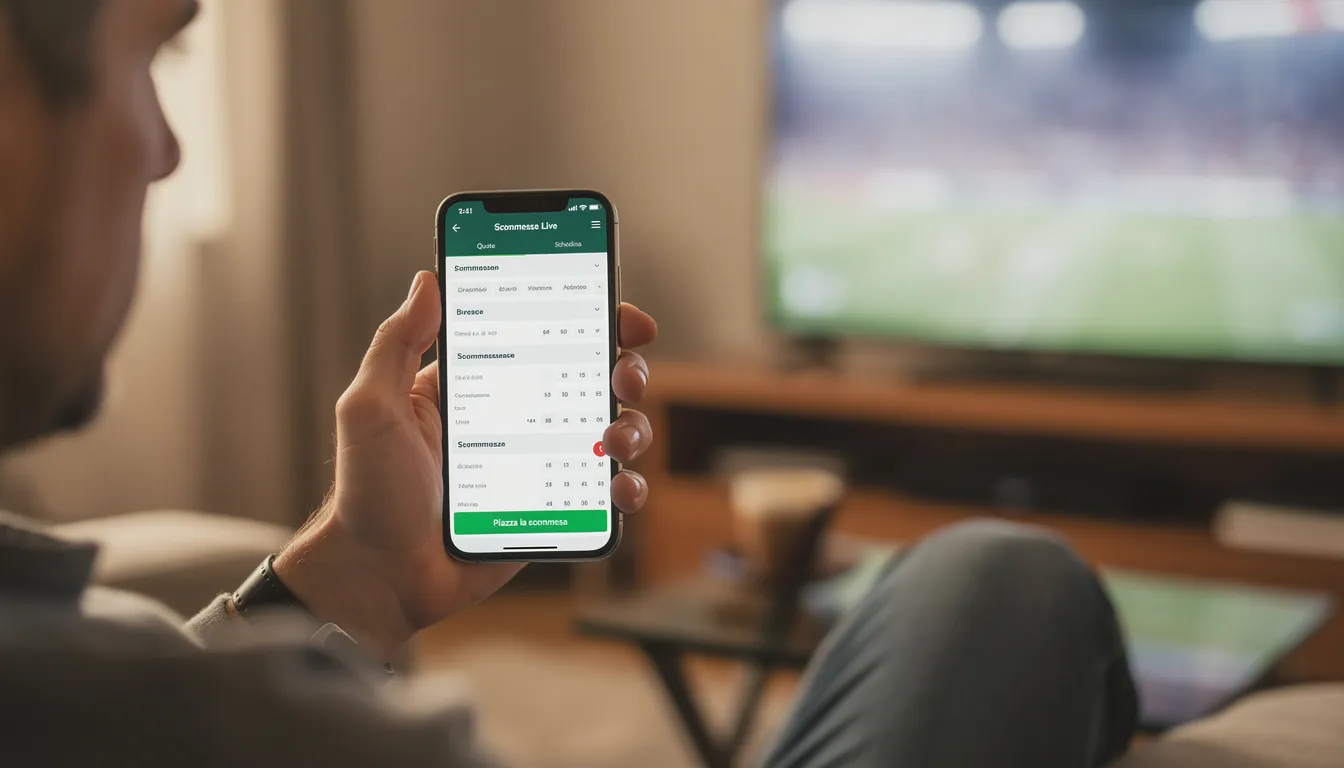 Immagine di una persona che utilizza uno smartphone per scommettere, con la schermata di betting visibile che mostra varie opzioni di gioco, tra cui scommesse sportive e giochi di carte. L'ambiente circostante suggerisce un'atmosfera di divertimento e coinvolgimento nel mondo delle scommesse, tipica delle piattaforme come Snai.