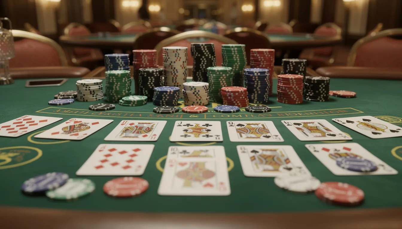 Un tavolo da casinò è adornato con carte da gioco e fiches colorate, creando un'atmosfera vivace e coinvolgente. Questa scena rappresenta un'esperienza di gioco tipica nei casinò, dove i giocatori si sfidano in giochi di carte come il poker.
