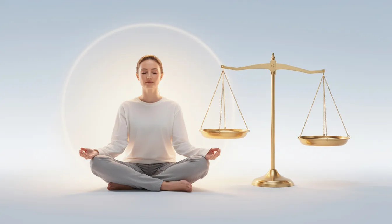 L'immagine rappresenta una bilancia in equilibrio, simbolo di controllo e armonia, mentre sullo sfondo si intravede una persona in meditazione, evocando un senso di calma e riflessione. Questo simbolo di equilibrio è fondamentale per un'esperienza di gioco responsabile nei casinò, come nel caso di Snai, dove la gestione del capitale sociale è essenziale per il divertimento.