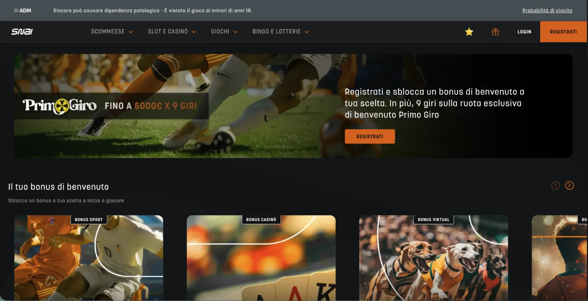 Screenshot homepage Snai Casino con sezione slot machine in evidenza e menu di navigazione