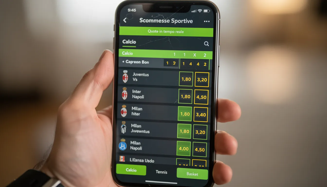 Un smartphone mostra un'interfaccia di scommesse sportive con partite in evidenza e quote aggiornate, offrendo agli utenti un'esperienza di gioco interattiva. L'app Snai consente di scommettere su eventi sportivi, rendendo il divertimento accessibile direttamente dal proprio dispositivo.