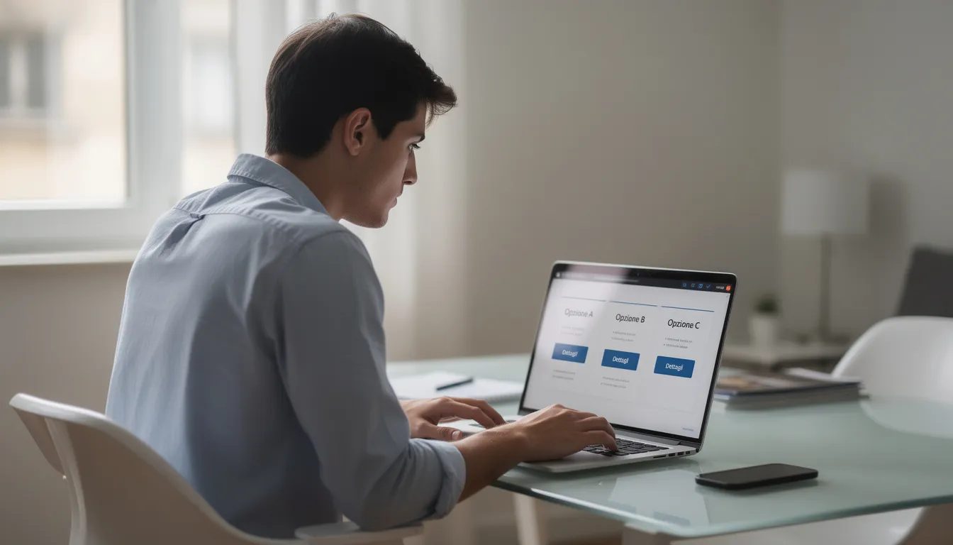 Una persona è seduta di fronte a un laptop, mentre confronta diverse opzioni di gioco sui casinò online. Sullo schermo si possono vedere offerte, bonus e informazioni sui migliori casinò online, evidenziando l'importanza della sicurezza e della verifica delle piattaforme.