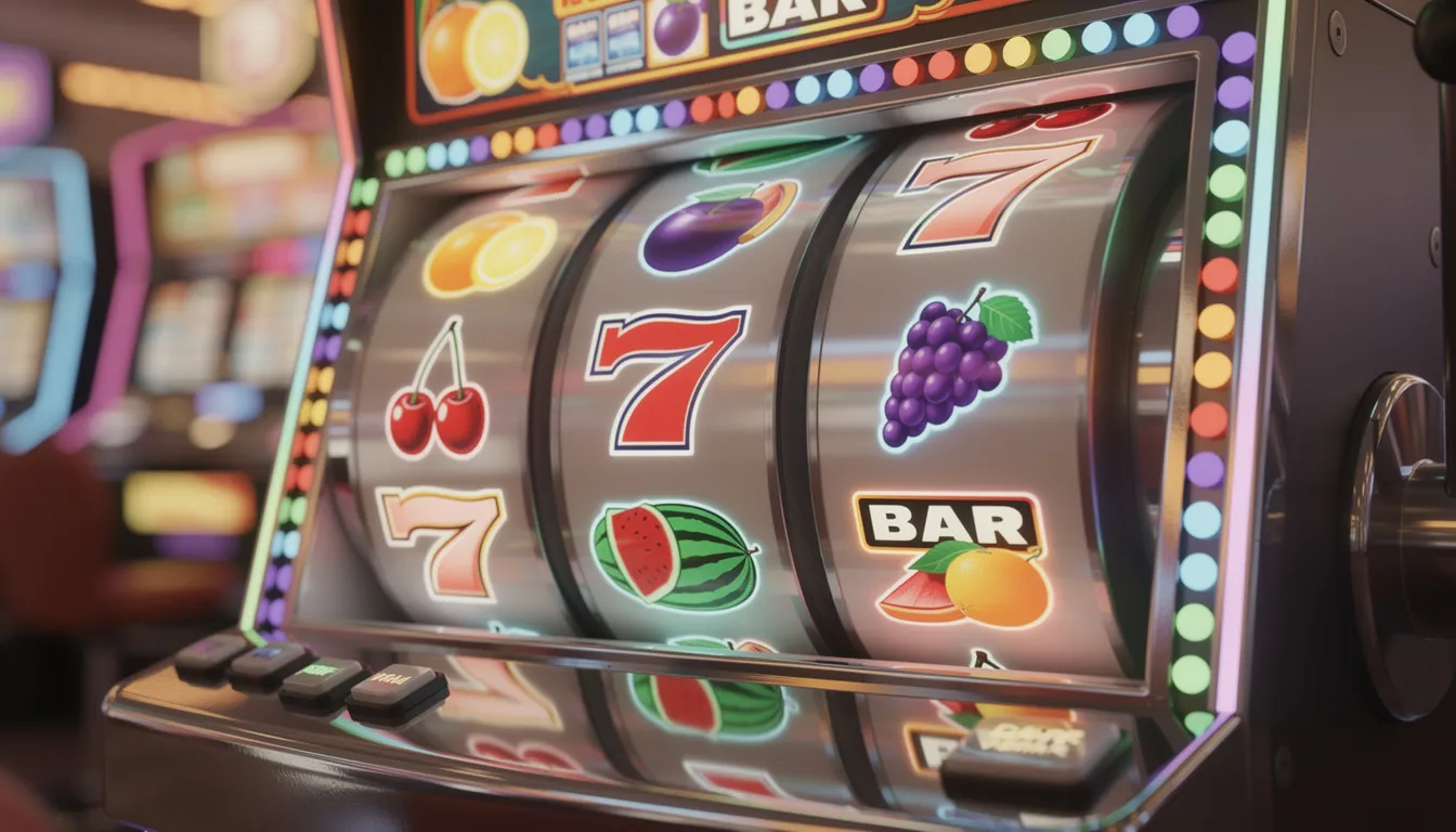 Un'immagine di una slot machine colorata con rulli che mostrano simboli di frutta e un'animazione di rotazione.