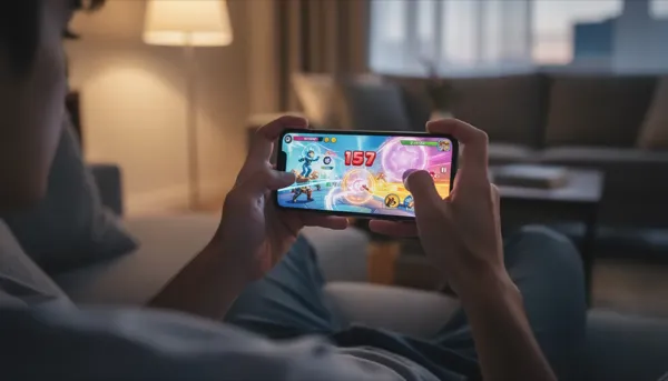 Una persona tiene in mano uno smartphone mentre si rilassa, con grafiche colorate di un gioco visibili sullo schermo. Le immagini evocano l'atmosfera dei giochi di slot, invitando a divertirsi con le slot machine online gratis.