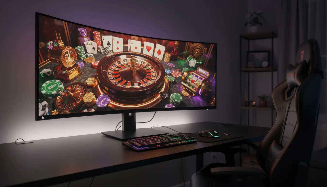 Immagine di un moderno setup di gioco, con uno schermo colorato che mostra grafiche in stile casinò, simili a quelle delle slot machine. L'ambientazione è vivace e invita a giocare a giochi di slot online, con elementi visivi che richiamano le linee di pagamento e i giri gratuiti.