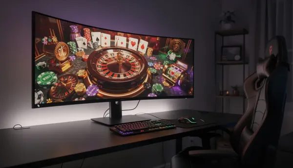 Immagine di un moderno setup di gioco, con uno schermo colorato che mostra grafiche in stile casinò, simili a quelle delle slot machine. L'ambientazione è vivace e invita a giocare a giochi di slot online, con elementi visivi che richiamano le linee di pagamento e i giri gratuiti.