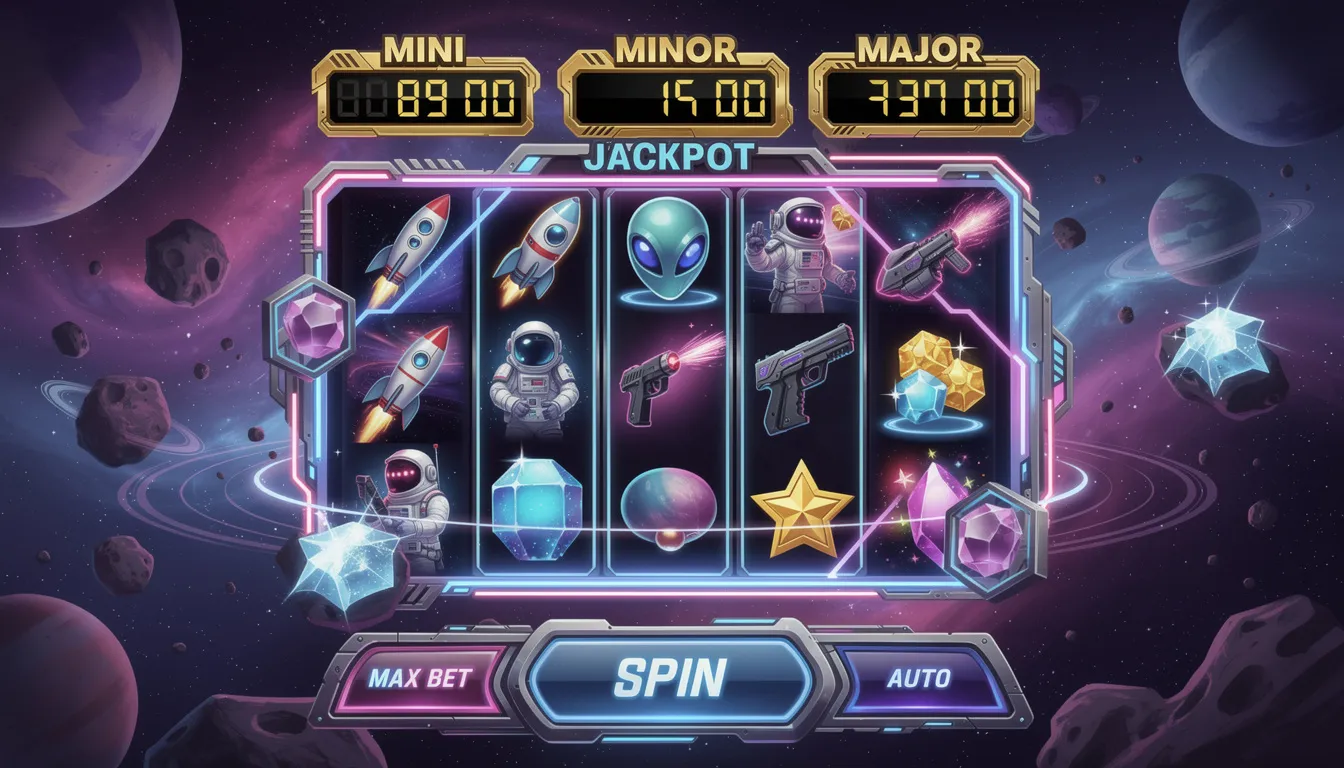 Interfaccia di una slot machine colorata con tema spaziale e metri del jackpot