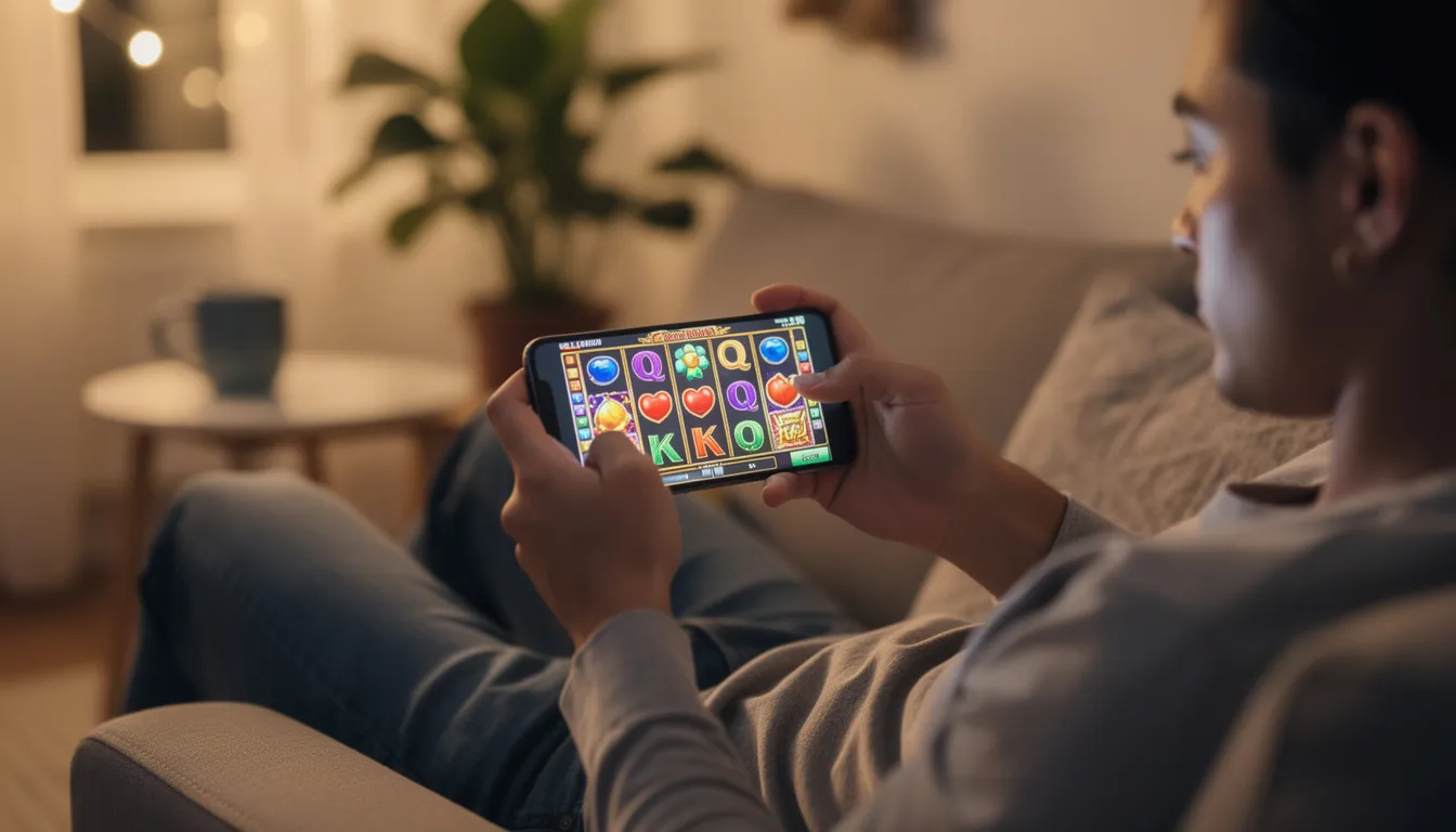 Una persona si diverte a giocare a una slot machine colorata su smartphone, immersa in un ambiente rilassato. La scena trasmette un senso di emozione e divertimento tipico dei giochi online, come le slot di Pragmatic Play o Big Time Gaming.