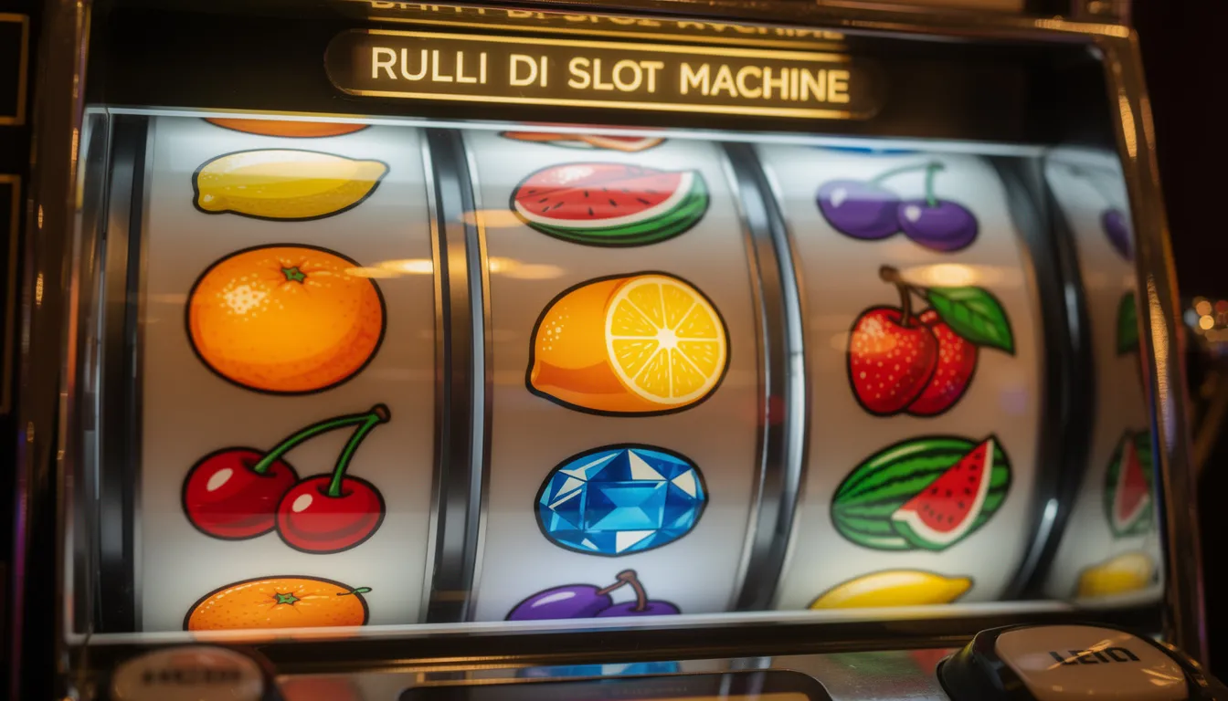 Immagine di rulli di una slot machine in movimento, decorati con simboli colorati di frutta e gemme, che evocano l'emozione del gioco nei casinò. I rulli ruotano rapidamente, promettendo vincite e bonus ai giocatori appassionati di slot online.